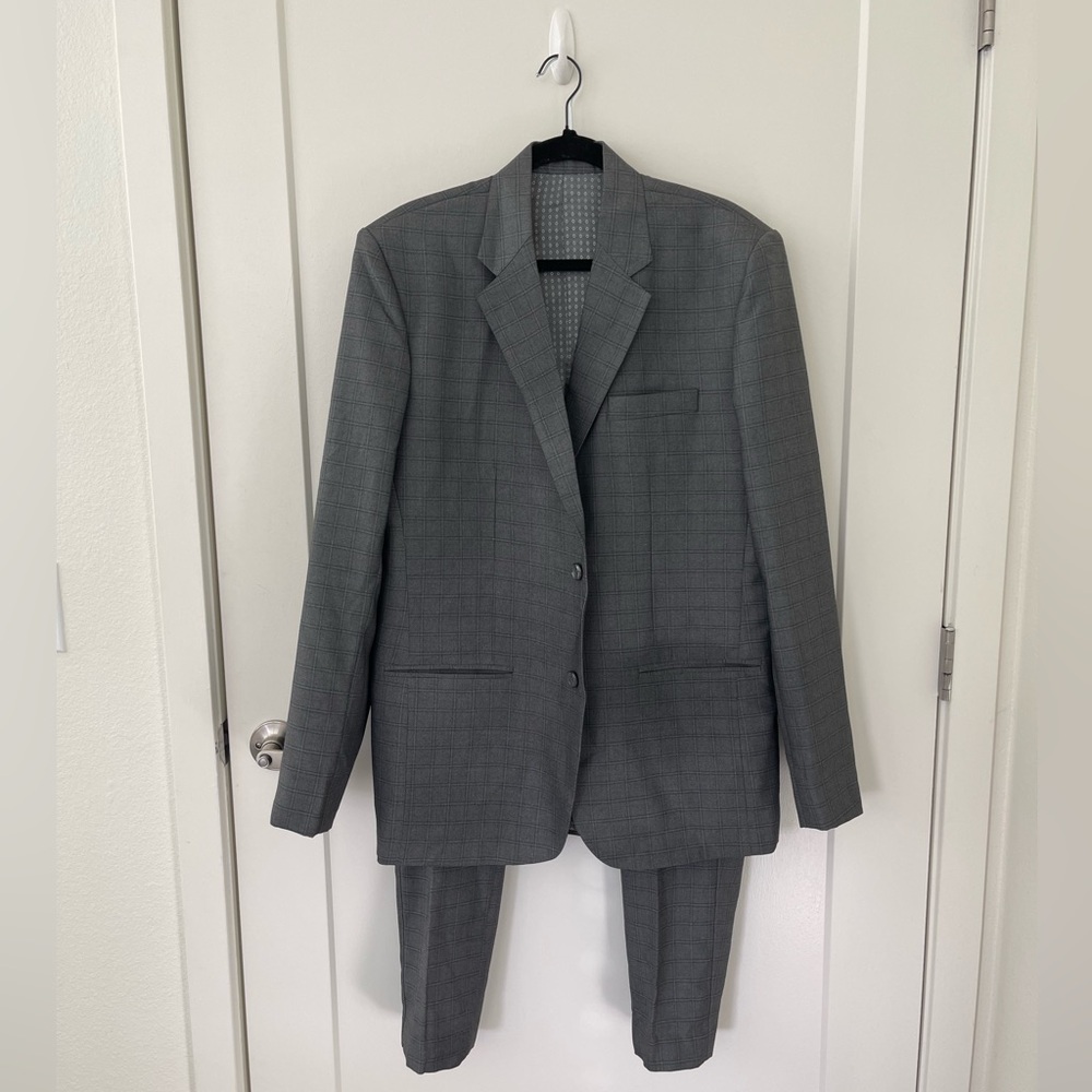 Custom Tailored Men’s Grey Check Suit with Black Cotton Shirt